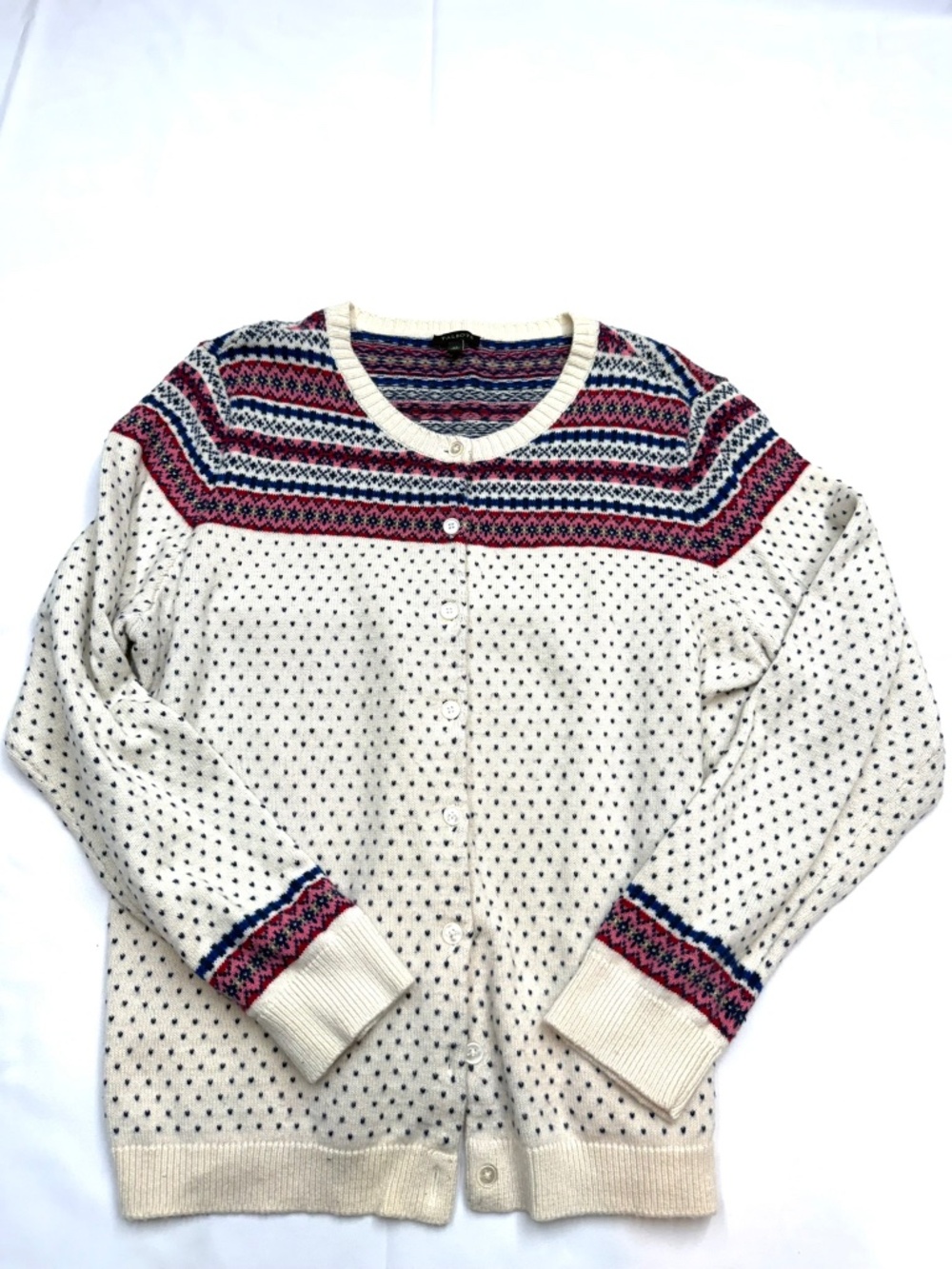 TALBOTS Womens XL Fairisle Dot Ivory Colorful Long Sleeve Cardigan Sweater J3
